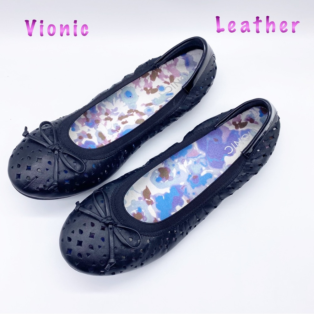 Vionic-Black Perforated Leather Cushioned Ballet Flats 9.5